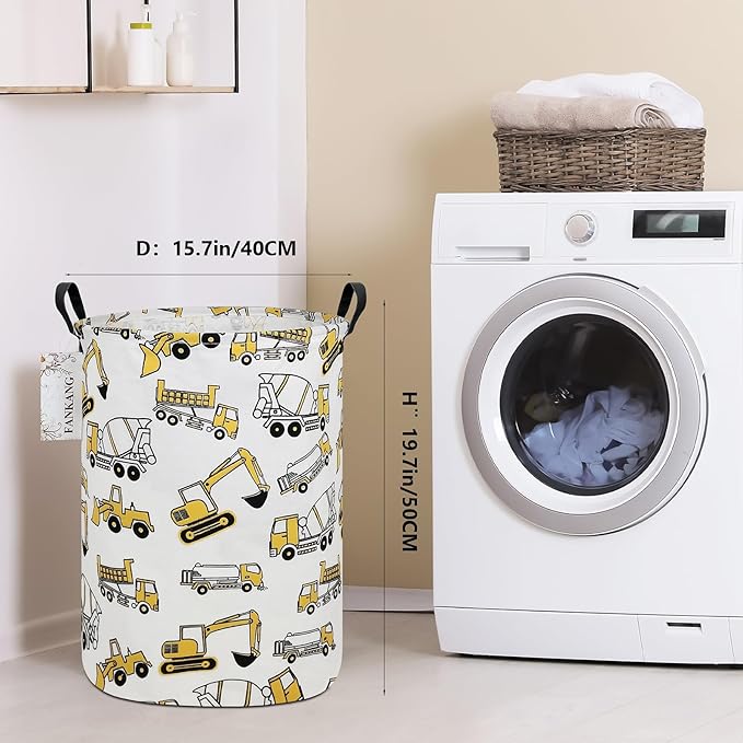 Storage Basket, Nursery Hamper Canvas Laundry Basket Foldable with Waterproof PE Coating Large Storage Baskets for Kids Boys and Girls, Office, Bedroom, Clothes,Toys（excavator）