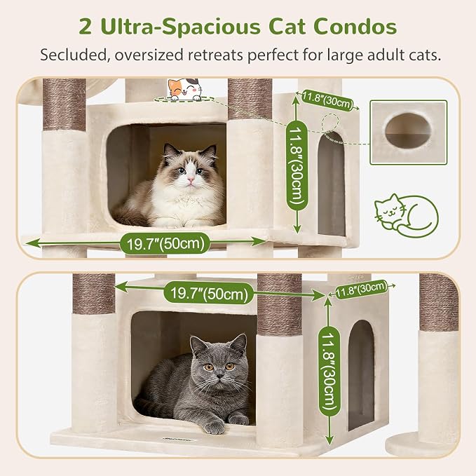 Globlazer 75in Sturdy Cat Tree for Large Cats, Heavy Duty Multi-Level Cat Tower for Indoor Cats with Extended Platform, 2 Spacious Condos, 2 Padded Perches, 6 Sisal Scratching Posts, S75, Beige