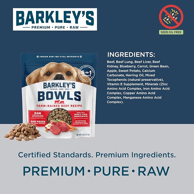 Barkley’s Bowls, Frozen Raw Beef Dog Food, Fresh Whole Food Ingredients w/Farm-Raised Beef, Grain Free, Dog Food Toppers, Human Grade Ingredients, for All Dog Breeds, Ages, & Sizes, 4 lb Bag (1 Pack)