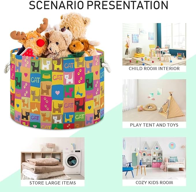 Colorful Cat Print Round Storage Basket Pet Kitten Paild Large Laundry Hamper 20 x 20 x 14 Inches Organizer Bin with Cotton Rope Handles Clothes Storage Bag for Nursery Bedroom Living Room Decor