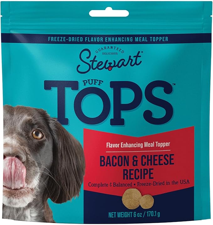 Stewart Freeze Dried Dog Food Topper, PuffTops, Bacon & Cheese, 6 Ounce Resealable Pouch, Flavor Enhancing Meal Topper or Dog Treat, Made in USA