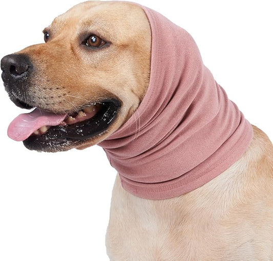 Meifsou Calming Hoodie for Dogs - Stretchy Dog Ear Cover, No Shake Anxiety Head Wrap Quiet Ears, Pet Snoods for Thunder, Lightning, Fireworks, Vet Visits, Grooming, Rabbit Plush Fabric, Pink S