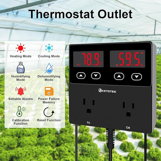 KETOTEK Digital Temperature and Humidity Controller Outlet, Reptile Thermostat Plug Dual Stage Pre-Wired for Mushroom Greenhouse Homebrew