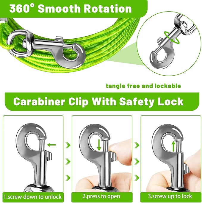 Dog Tie Out Cable 10FT Green Steel Wire Dog Cable with Durable Superior Clips for Large, Medium, Small Dogs Up to 165 lbs