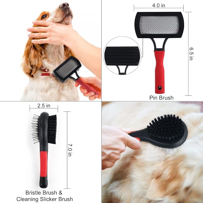 Wisedog Dog Grooming Kit, Reddish-black, 8PCS | Pin & Bristle Brush, Slicker Brush, Dematting Tool, Nail Clipper, Hair Removal Mitts, Flea Comb
