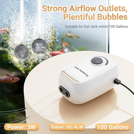 MoonOrange 3W/6W Aquarium Air Pump, Adjustable Aquarium Aerator with 2-Outlet, Super-Powerful & Quiet Oxygen Pump for Fish Tanks up to 100/200 Gallon with Full Accessories.(Upgrade Noise-Reduce)