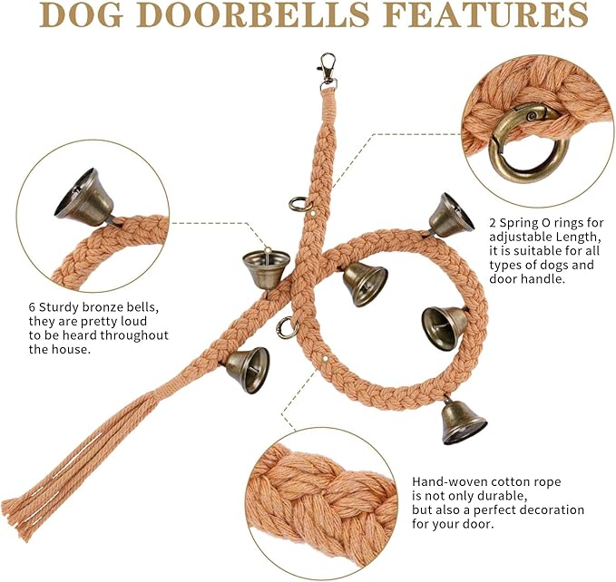 KLOGTSIND 2 Pack Dog Bells for Door Potty Training, Handwoven Cotton Rope Dog Doorbell with 6 Extra Loud Bells, Adjustable Dog Door Bells for Small Medium Large Dogs to Ring to Go Outside, Brown