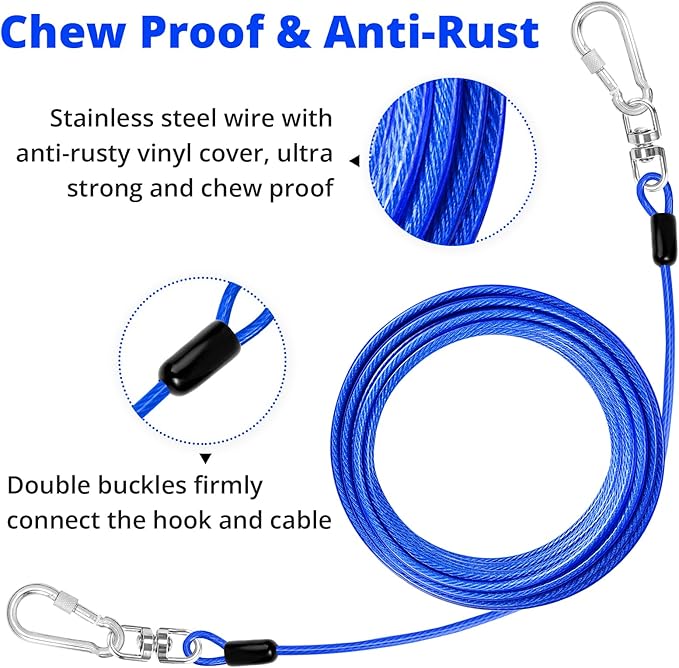 jenico Dog Tie Out Cable: 50 ft Dog Lead for Yard - Heavy Duty Chain Leash Outside for Small Large Dogs Up to 502 lbs - Outdoor Dog Runner Tether