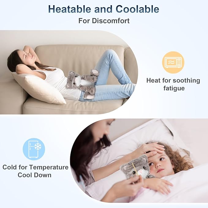 SuzziPals Heatable & Coolable Grey Cat Stuffed Animal, Cat Heating Pad Microwavable for Soothing & Relaxation, Lavender Scented Cat Plush Toy for Stress Relief, Stuffed Cat Toys for Kids