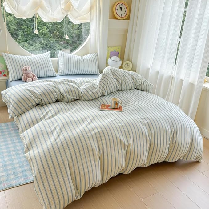 BlueBlue Stripe Duvet Cover Set Twin 100% Cotton Soft Lightweight Gauze Bedding Blue Line Stripes on White 1 Abstract Geometric Comforter Cover 2 Pillowcases (Twin)