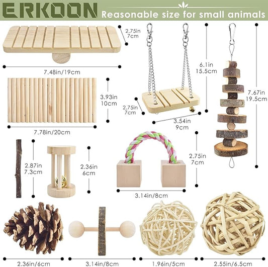 ERKOON Safe 12 Pack Hamster Chew Toys Gerbil Rat Guinea Pig Chinchilla Chewing Toys Cage Accessories, Natural Wooden Dumbbell Exercise Bell Roller Teeth Care Molar Toy for Rabbits Bird Small Animals