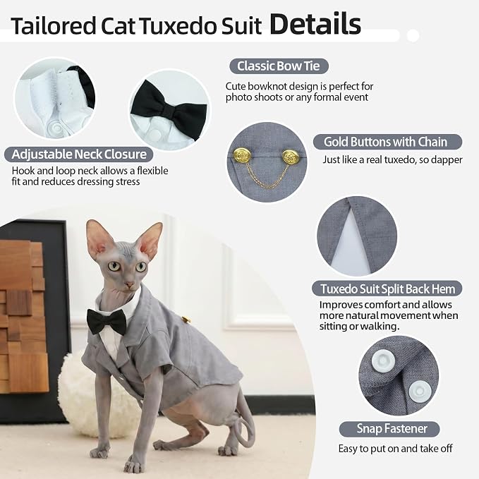 QBLEEV Cat Tuxedo Outfit with Bow Tie, Sphynx Cat Costume Formal Suit Wear | Soft breathable, stylish hairless clothes for cats only, kitten wedding birthday party shirt apparel for male boy