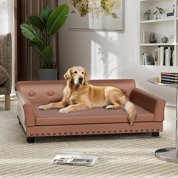 BingoPaw Large Leather Dog Sofa: Indoor Doggy Couch Made by Scratching Resistant Microfiber Leather - Raised Doggie Lounge Bed Breathable for Giant Breed Dogs up to 120lbs