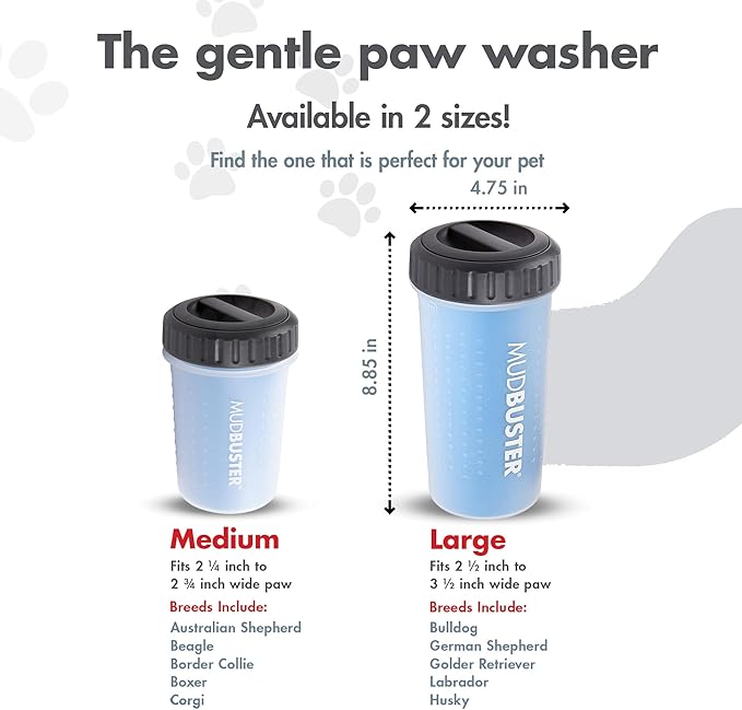 Dexas Lidded MudBuster Large Dog Paw Cleaner in Pro Blue - Fits 2.5"-3.5" Wide Paws, Portable Paw Washer for Muddy Paws, Dog Paw Cleaning Cup with Gentle Silicone Bristles, Quick Clean Pet Paw Washer