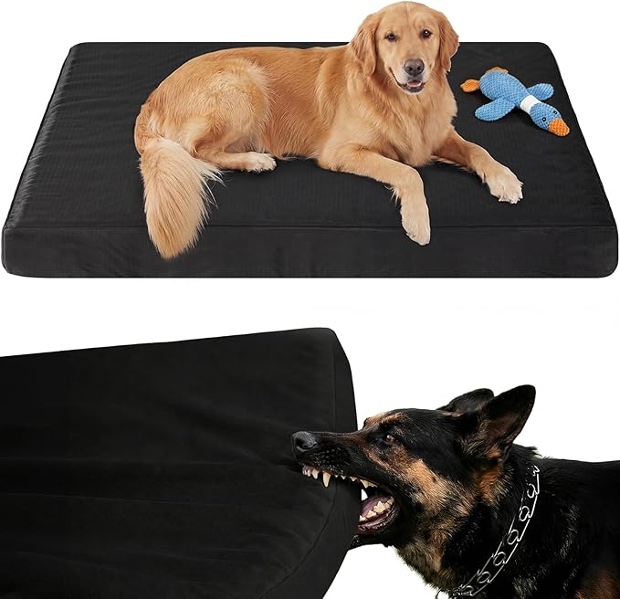 RRPETHOME 3" Chew Proof Indestructible Dog Bed for Large Aggressive Chewers,Durable Tough Fabir Chew Resistant Crate Dog beds for Large Dog & Puppy,Orthopedic Egg Foam Kennel Mat Pad Black 55x42x4