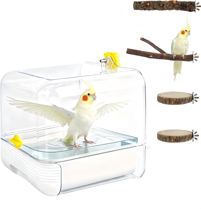 Hanging Bird Bath for Cage, with Wood Perches, Bird Cage Accessories for Small Medium Birds Lovebird, Parakeet, Cockatiel, Essential Bird 7.3" x 7.3" x 8.2" (White)