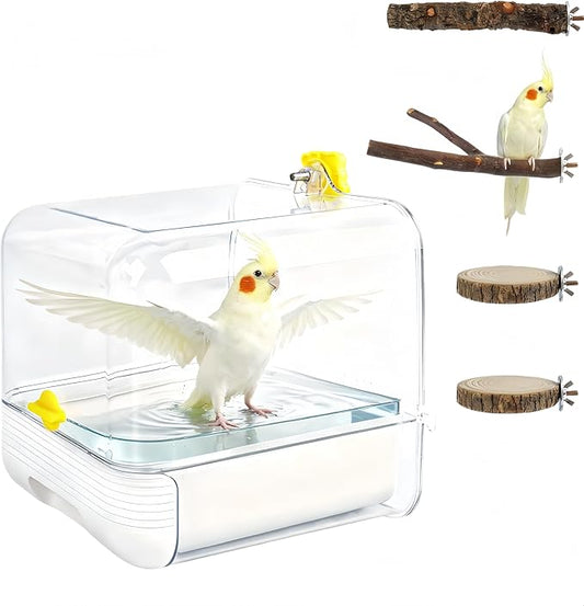 Hanging Bird Bath for Cage, with Wood Perches, Bird Cage Accessories for Small Medium Birds Lovebird, Parakeet, Cockatiel, Essential Bird 7.3" x 7.3" x 8.2" (White)