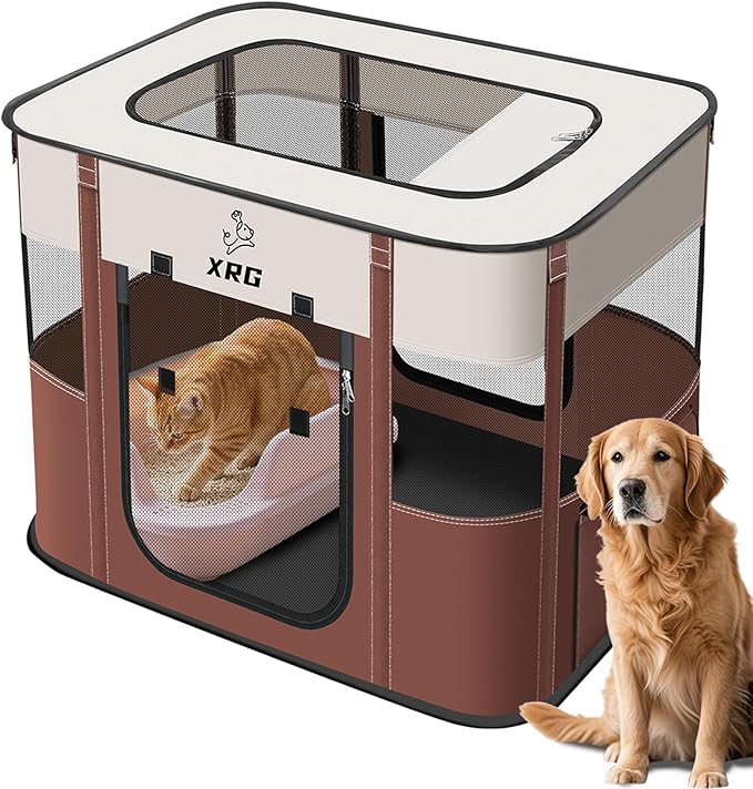 Portable Foldable Pet Playpen Collapsible Crates Kennel Playpen for Dog cat and Rabbit &Travel playpen Outdoor or Indoor (Medium（31.5" L x 23.6" W x 21.7" H）, Brown)