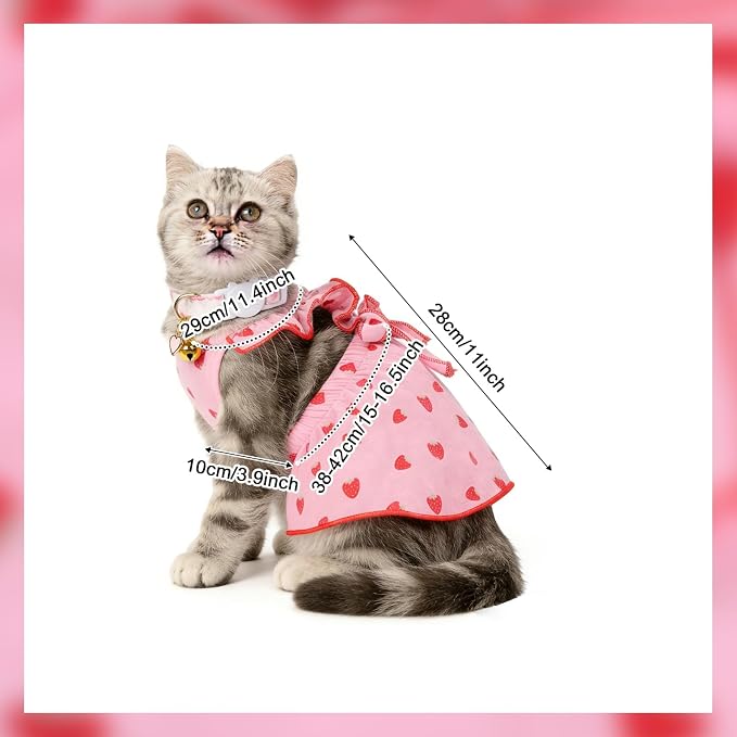 Strawberry Print Cotton Cat Dog Costumes with 2 Adjustable Collar with Bow, Kitten Outfits for Girl Cats, Pink White Pet Clothes for Small Dogs & Cats ，M