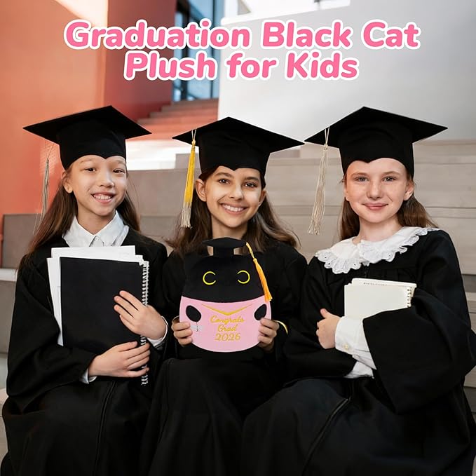 Graduation Black Cat Plush, 8 Inch Graduation Plush with Diploma Tassel Hat, Class of 2026 Graduation Stuffed Animal for Kids & Firends, High School College Kindergarten Graduation Gifts