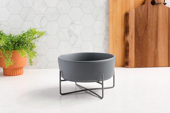 Waggo Simple Solid Dog Bowl and Dog Bowl Stand - Single Iron Stand with Single Ceramic Feeder or Water Bowl (Dolphin, Large)