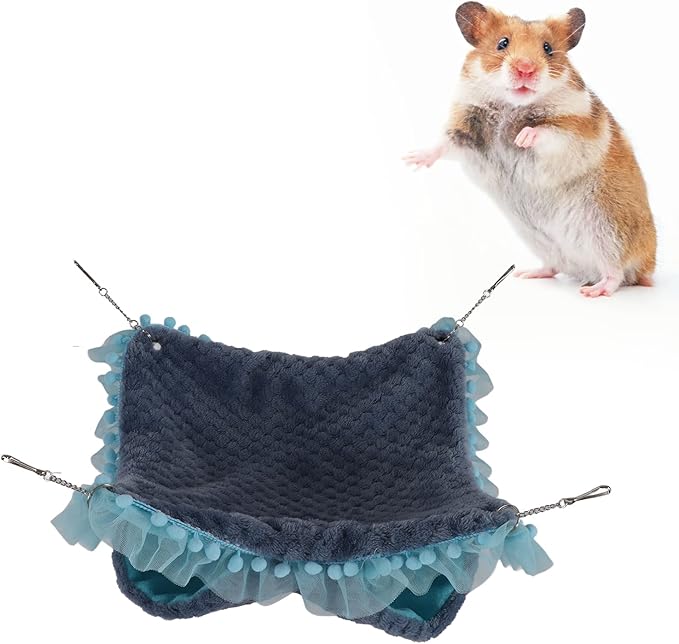 Double Layer Small Pet Swing Hammock, Hamster Double Bunkbed Hammock with 4 Hanging Chains, Soft Plush Hanging Bed for Ferret Hamster Parrots Guinea Pig (Blue)
