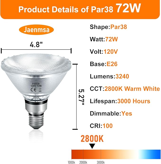 72W Halogen PAR38 Floodlight Bulbs 4 Pack for Indoor Outdoor Flood Light Par38 Halogen Bulbs 72 Watt 120V, Warm White 2800K, 3420 Lumens, E26 Base Bulbs for Reptile Heat Lamp Bulbs