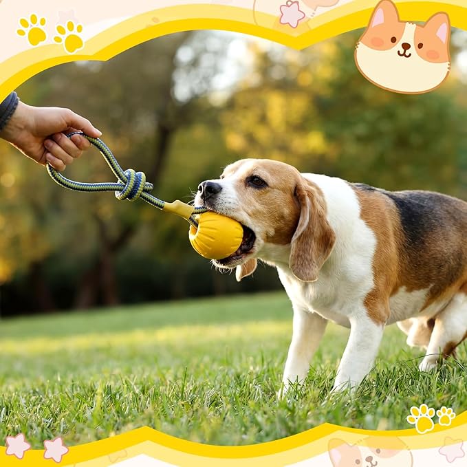 Hsei 2 Pcs Large Dog Ball on a Rope Rubber Dog Toy with Handle Ball Yellow Floats in Water for Tug Training Rewards Interactive Pet Fetch Catch Throw Outdoor Puppy Teething Medium Pet