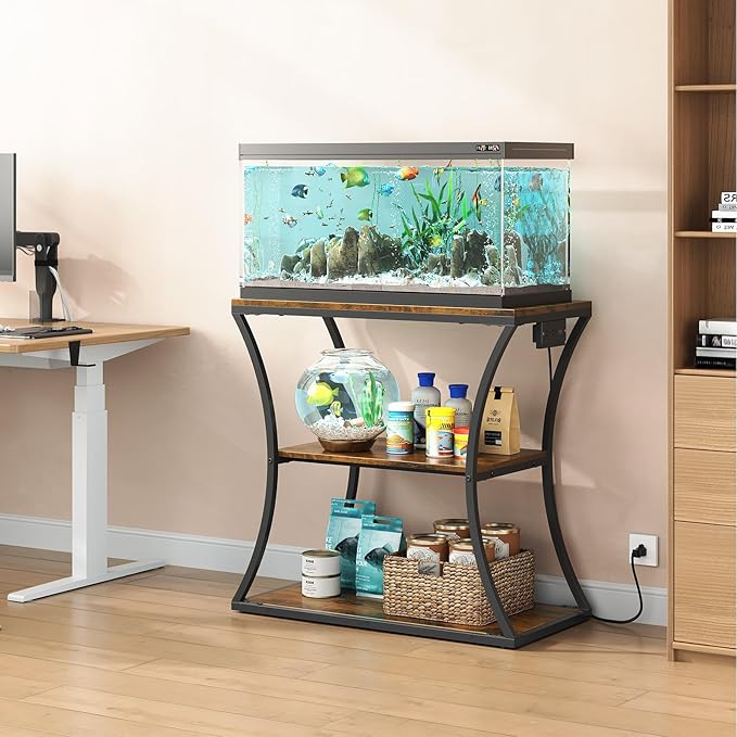 HavenlyYouth 20-29 Gallon Fish Tank Stand with Power Outlet, 3-Tier Aquarium Stand with Storage, Heavy Duty Metal Frame Tank Rack for Home Office, 31.5" L x 15.7" W x 30.4" H, Rustic Brown
