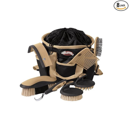 Weaver Equine Horse Grooming Kit, 7-Piece Horse Brush Set with Organizer Tote Bag, Hoof Pick, Comb, Sweat Scraper, Equine Tools for Daily Grooming, Black/Beige