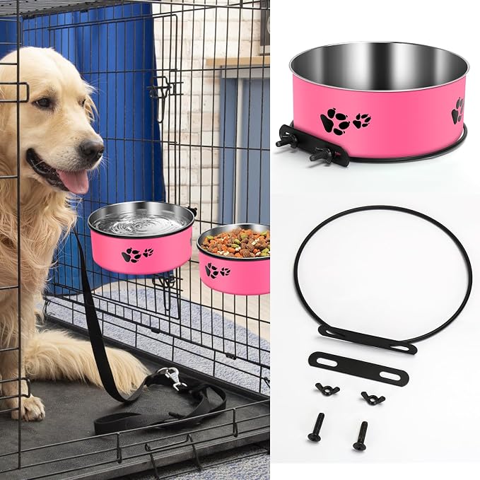 Pink Kennel Bowls Mountable Stainless Steel Crate Bowls No Spill Hanging Kennel Water Bowl with Clamp Holder 2 Sizes 7.08x2.83’’,6.3x2.63’ Hot Pink