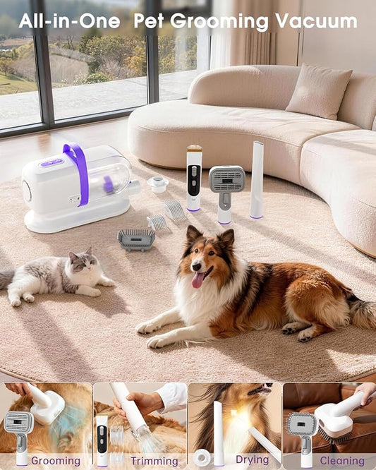 LOMMOL 6-in-1 Dog Grooming Vacuum, Pet Grooming Kit with Dog Clippers, 2.2L Dust Cup Dogs Vacuum with Dryer Function, Low Noise Upgrade Pet Grooming Vacuum with 6 Tools for Home Pet Hair, Purple