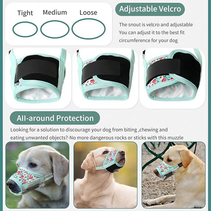 HEELE Dog Muzzle,Soft Nylon Muzzle Anti Biting Barking Chewing,Air Mesh Breathable Drinkable Adjustable Loop Pets Muzzle for Small Medium Large Dogs 4 Colors 4 Sizes (P-Cyan Flower, S)