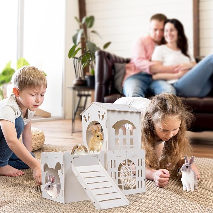 Large Rabbit House with 2PCS Rabbit Scratch Mat, Wooden Bunny Castle with 3 Houses Indoor, Guinea Pig Cage Multistory Climbing Tower Sturdy Wooden Castle, Small Animal Hideaway Tunnel