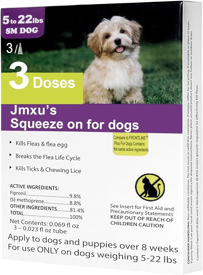 Flea and Tick Prevention for Dogs, Dogs Flea & Tick Treatment with Fipronil, Long-Lasting & Fast-Acting Topical Flea & Tick Control Drops (3 Doses, 5-22lbs)