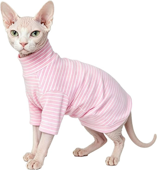 Sphynx Cat Clothes for Cats Only, Narrow Striped Sphynx Shirt Clothes T-Shirts Sweatshirt with Sleeves, Soft Kitten Sphinx Clothes Pet Apparel Devon Rex,Cornish Rex,Peterbald,Pink,XL