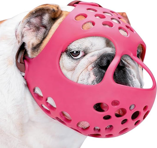 BARKLESS French Bulldog Muzzle, Soft Silicone Short Snout Dog Muzzle for English Bulldog, Brachycephalic Dog Mouth Guard to Prevent Biting, Ideal for Grooming, Allows Panting (Hot Pink, XL)