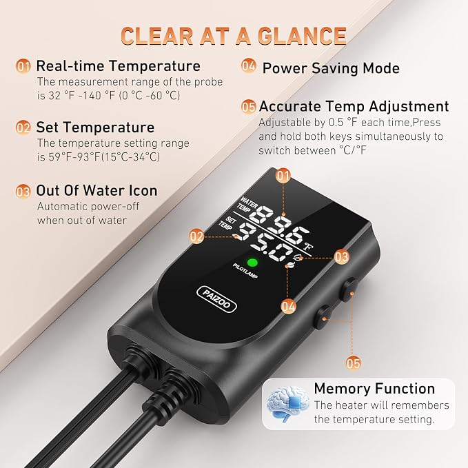 PAIZOO 300W Aquarium Heater, Low Water Line Turtle Heater LED Controller | Low Water Level Design, Real-time Temp Display, Dual Temp Control System, Energy-saving Mode, Precise Temp Control