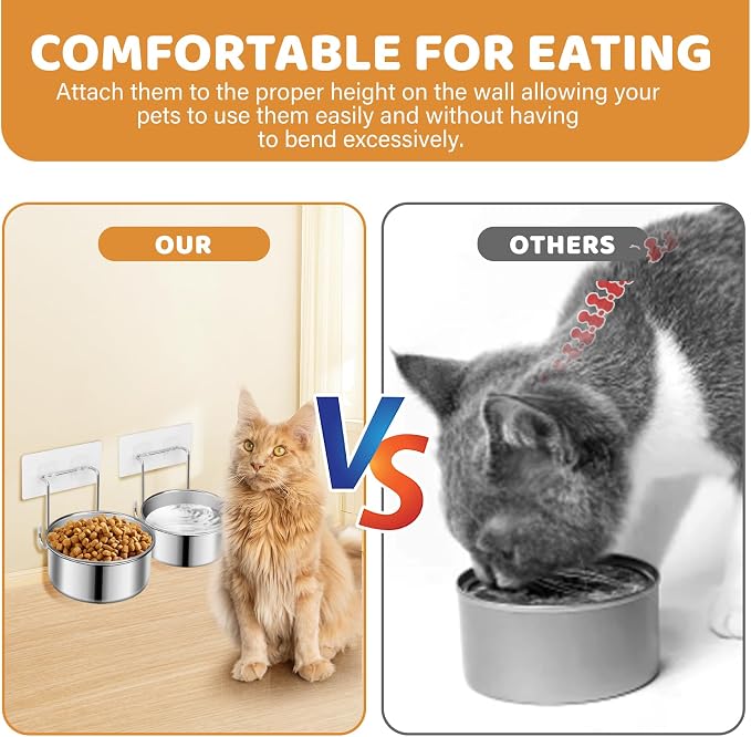 2 Pcs Small Wall Mounted Cat Bowls, Elevated Hanging Puppy Food and Water Bowls Stainless Steel Non-Spill Kitten Feeding Dish with Wall Mounted Hook for Small Pets (M (5.5x2.1'' & 4.7x2''))