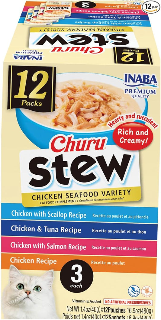 INABA Churu Stew for Cats, Side Dish Pouch with Vitamin E, 1.4 Ounces per Pouch, 12 Pouches, Chicken & Seafood Variety