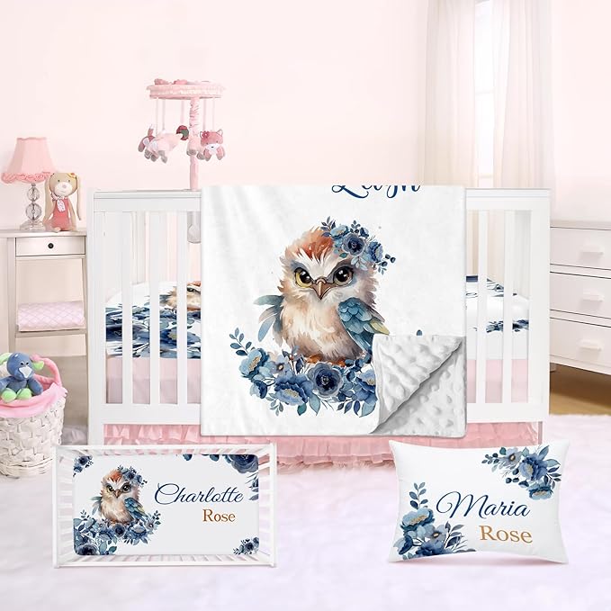 Personalized Crib Bedding Set for Baby Boy Girl, Custom Name Owl Design 3 Piece Baby Bedding Set, Including Plush Blanket, Fitted Sheet and Pillowcase for Newborn Nursery Gift