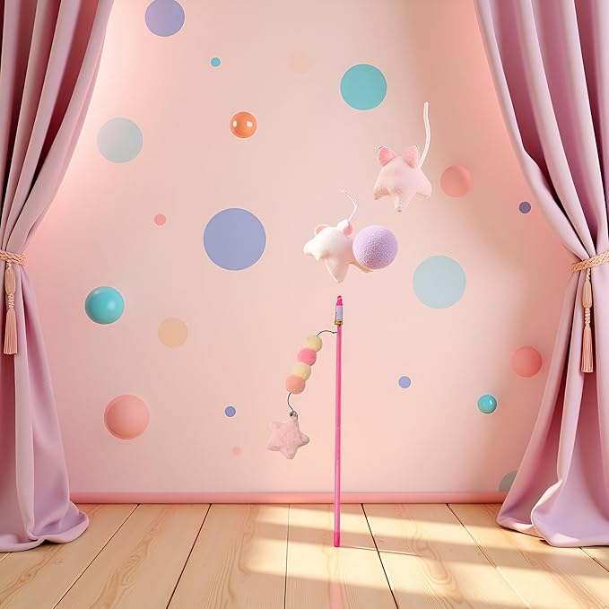 Pink Cat Stick Toy, Cat Teaser Wand Toys, Interactive Cat Toys, Elastic Rope Plush Ball Star Pendant Bite Comfortable Grip, Indoor Kitten Wand Mice and Animals