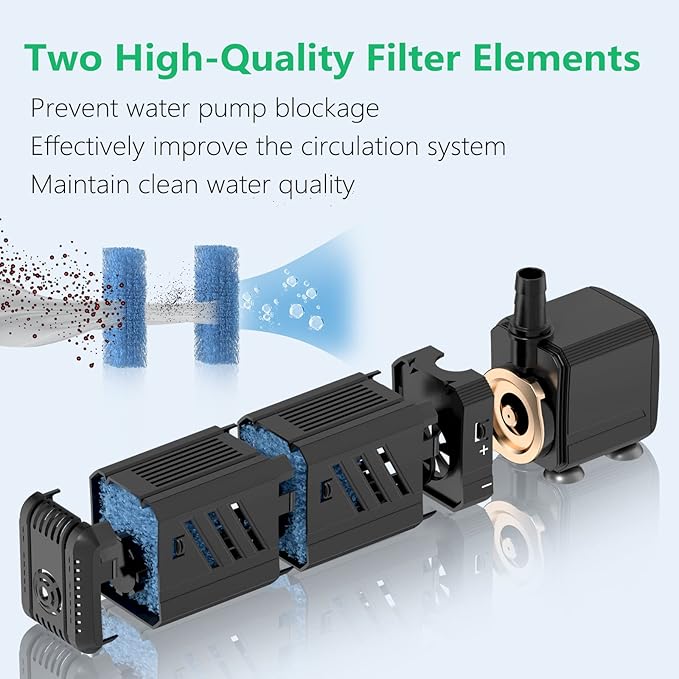 Aquarium Filter, Insputer 8W Turtle Tank Filter with 2 Sponge Filtration, 200 GPH Adjustable Submersible Fish Filters for 10-50 Gallo Pond Freshwater