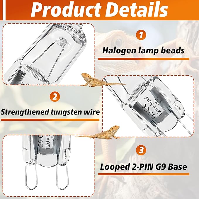 16 PCS G9 Halogen Bulb, Mini Halogen Bulb 50W, Reptile Heat Lamp for Bearded Dragon Gecko Turtle Lizard