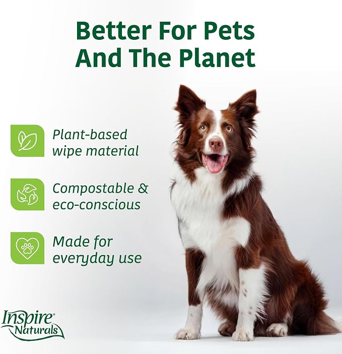 Inspire Naturals Pet Wipes for Dogs and Cats 100% Natural Plant Based with Organic Antioxidants, Dog Wipe Cleaning Deodorizing | Puppy Wipes | Dog Wipes for Paws and Butt(100ct - 2 Pack)