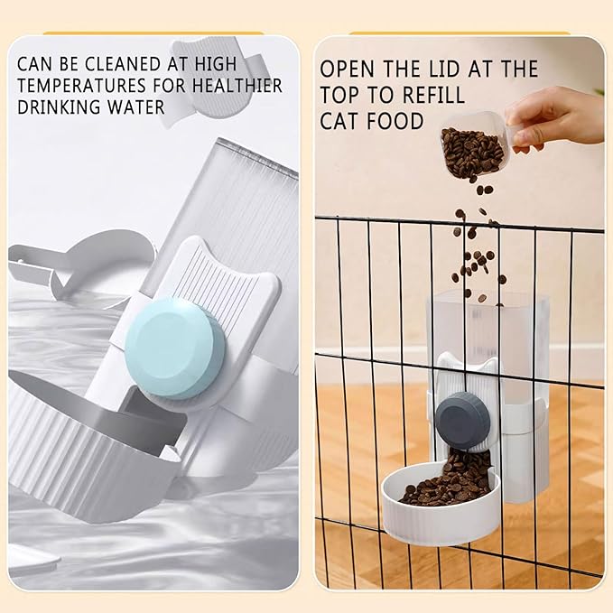 kathson Hanging Automatic Pet Food and Water Dispenser,Gravity Auto Rabbit Feeder for Cage,Guinea Pig Feeder and Waterer Set,Cat Food Bowl Dog Feeding Station for Bunny,Ferret,Chinchilla (Grey)