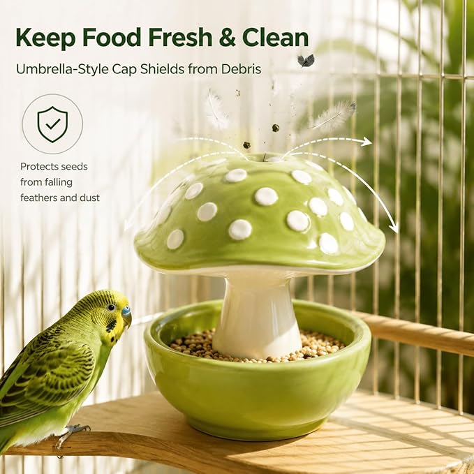 Small Animal & Bird Feeding Dish, Ceramic Mushroom No Mess Feeder for Cage, Dual-Use Food or Water Bowl for Hamster, Budgie, Cockatiel, 4.33" Height