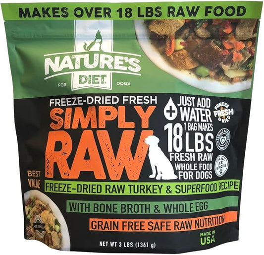 Nature's Diet Simply Raw Freeze-Dried Raw Whole Food Meal - Makes 18 Lbs Fresh Food With Muscle, Organ, Bone Broth, Whole Egg, Superfoods, Fish Oil Omega 3, 6, 9, Probiotics & Prebiotics (Turkey)