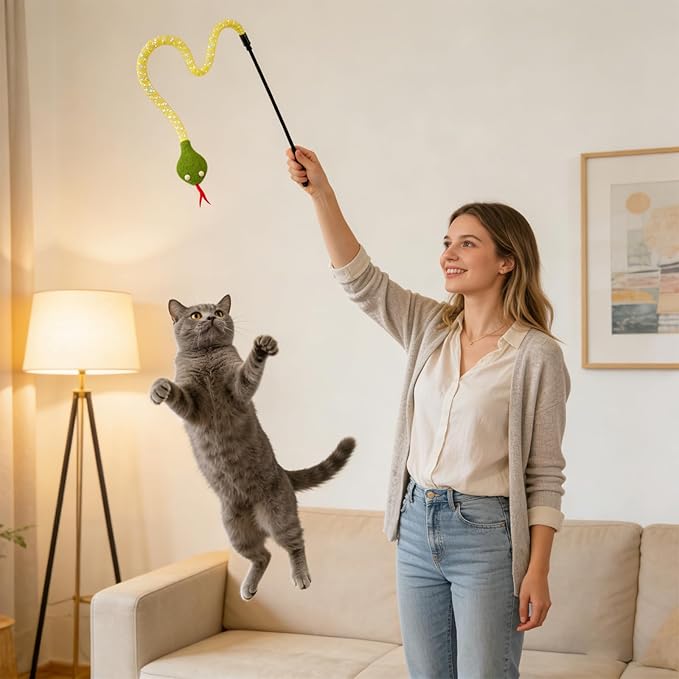 Cat Teaser Wand Toy for Indoor Cats, Cute Mesh Snake & Crinkle Plush Fabric Kitten Wand Kitty Toys Interactive Play Chase Exercise Wand String Toys Cat Toys for All Breed Sizes (Yellow,14.57+30.7inch)