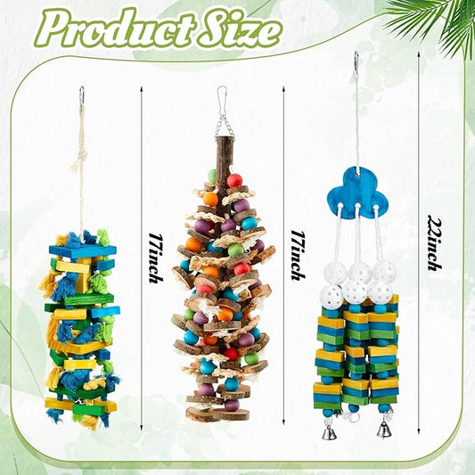 Seenelling 3 Pcs Extra Large Bird Parrot Toy Multicolored Natural Wooden Parrot Cage Chewing Toys for Large Medium Macaws Cockatoos African Grey Birds (Blue Block)
